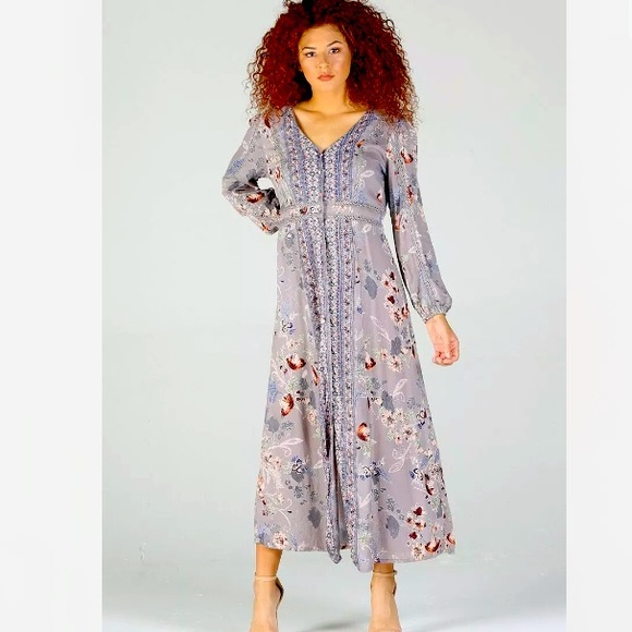 Floral Lavender Purple Long Sleeve Maxi Dress - Picture 3 of 4